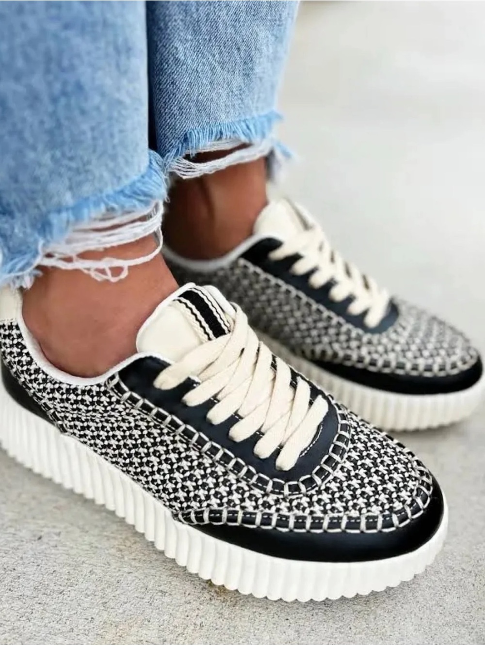 ShuShop Selina Black & Cream Woven Platform Sneakers